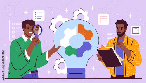 Process improvement concept. Two men near lightbulb with coghweels. Inspiration and aspiration, idea, brainstorming. Businessman and entrepreneur with start up. Flat vector illustration