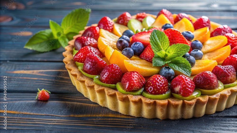 Delicious fruit tart with a golden crust and vibrant assortment of fresh fruits , dessert, pastry, food, sweet, baking Delicious fruit tart with a golden crust and vibrant assortment of fresh fruits , dessert, pastry, food, sweet, baking