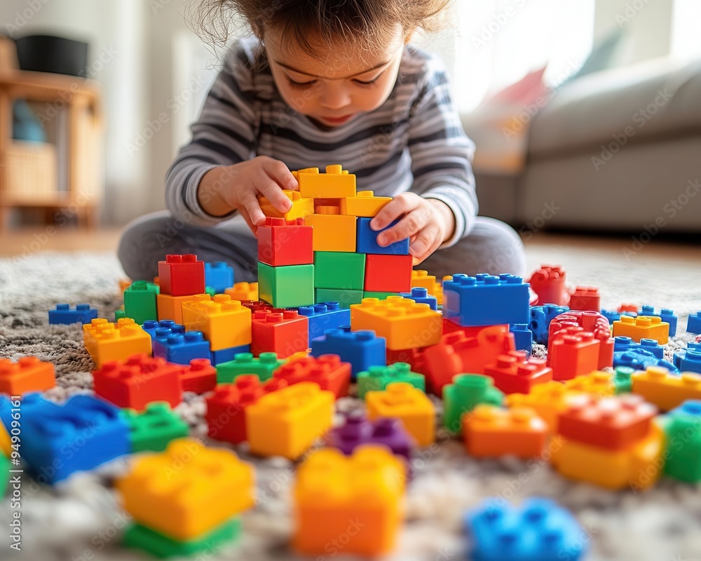 Child playing with colorful building blocks on a soft rug, playful style, vibrant colors, wide shot, soft lighting, gentle focus Child playing with colorful building blocks on a soft rug, playful style, vibrant colors, wide shot, soft lighting, gentle focus