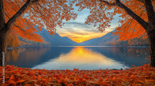 Sunset over a lake with mountain view framed by autumn trees and fallen leaves. Fall background