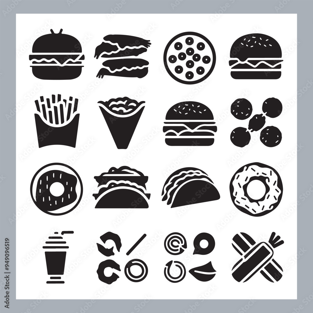 Set of fast food silhouette chicken grill, pizza, chicken sandwich, pasta, burger, French fries, sandwich, chicken wings vector in white background Set of fast food silhouette chicken grill, pizza, chicken sandwich, pasta, burger, French fries, sandwich, chicken wings vector in white background