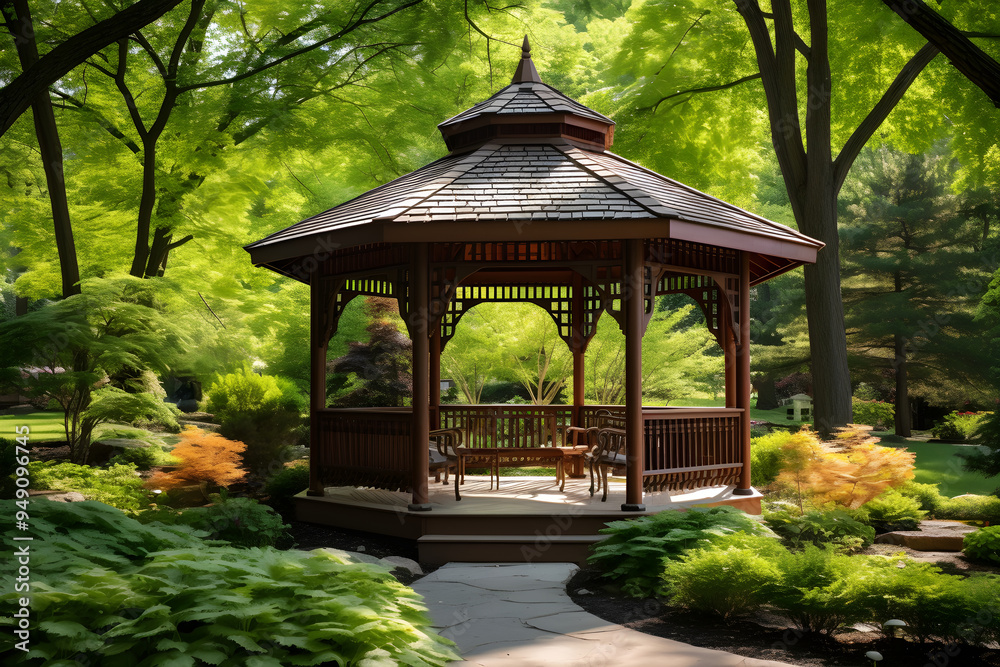Sun-kissed Wooden Gazebo Surrounded by Verdant Greenery: A Serene Hideaway in Nature Sun-kissed Wooden Gazebo Surrounded by Verdant Greenery: A Serene Hideaway in Nature