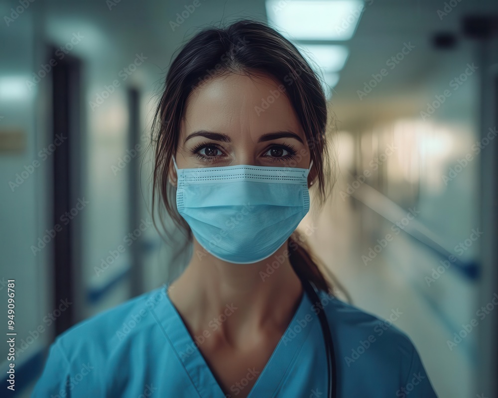 Doctor in scrubs and a face mask, standing in a hospital corridor, professional style, neutral tones, sharp focus, soft lighting Doctor in scrubs and a face mask, standing in a hospital corridor, professional style, neutral tones, sharp focus, soft lighting