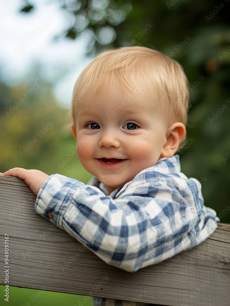 Adorable Baby Smiling Outdoors in Checkered Shirt Adorable Baby Smiling Outdoors in Checkered Shirt