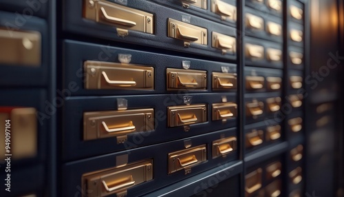 Filing cabinet with labeled folders, industrial office style, metallic tones, wide shot, soft shadow, high detail