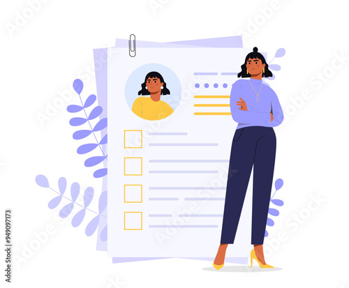 Woman with resume. Businesswoman with portfolio. Worker candidat at vacancy with Curriculum Vitae. Headhunting and recruiting at company. Flat vector illustration isolated on white background