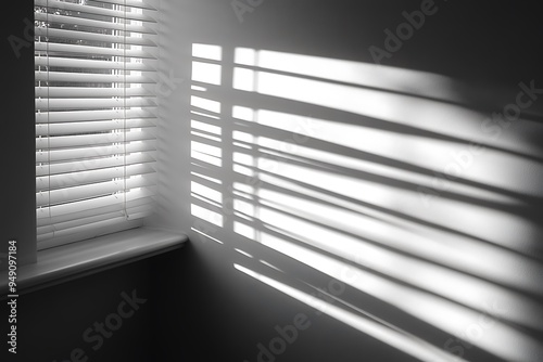 A minimalist photo of window blinds casting shadows on a white wall.