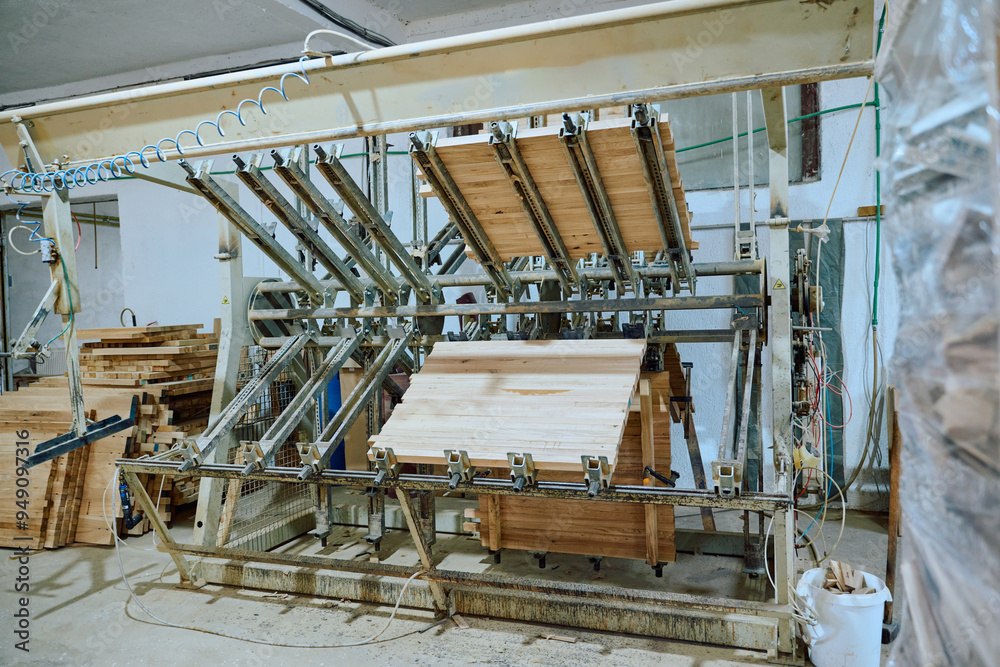 Naklejka premium Interior of Wood Processing Industry Featuring CNC Cutting Machines and Wood Processing Equipment