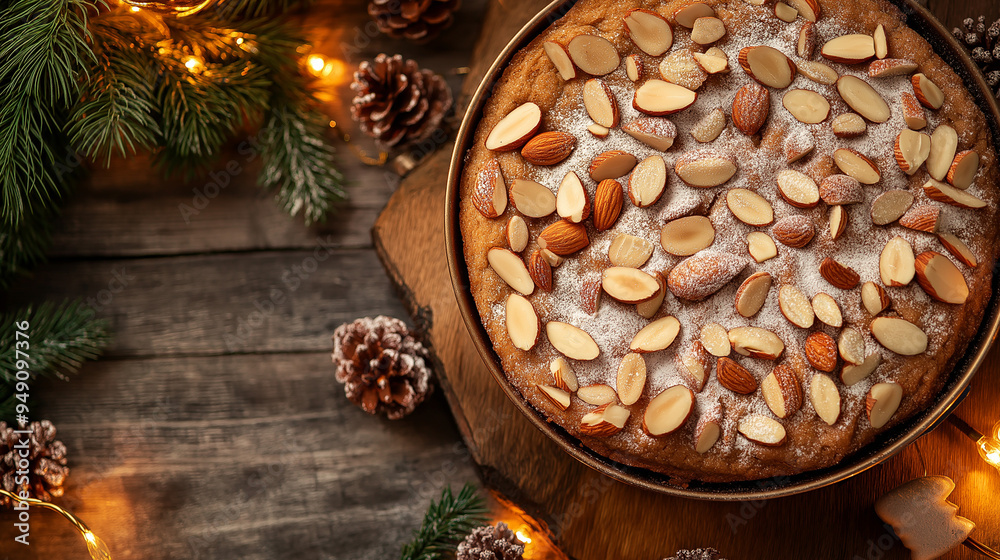 Fototapeta premium Holiday cake topped with almonds and copy space