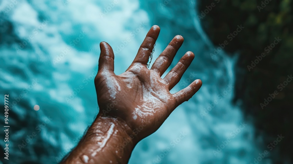 Hand Holding Water Droplets Against a Blue and Green Background Hand Holding Water Droplets Against a Blue and Green Background