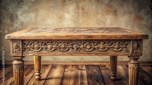 Rustic wooden table with intricate carvings and scratches  set against a neutral background  evoking a sense of vintage charm and nostalgic warmth.
