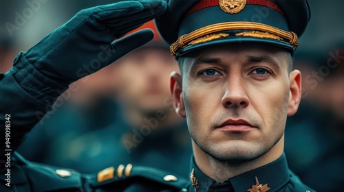 Soldier in uniform saluting on a parade ground, military style, dramatic lighting, high contrast, wide shot, sharp focus