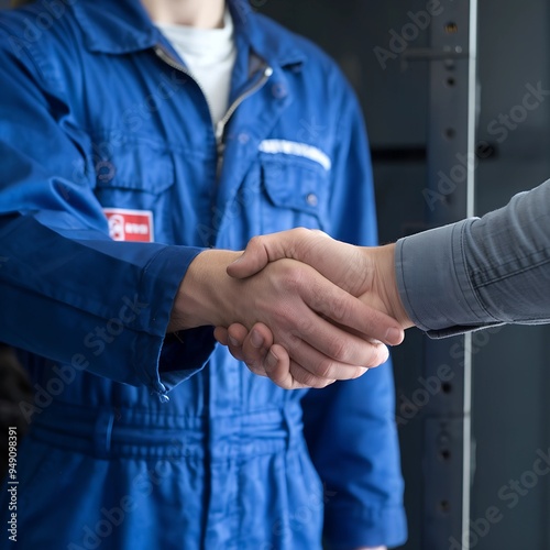 Positive mechanic and male client shaking hands in automobile service. Businessman in formal attire shaking hands with mechanic in garage. Car on lift in background.