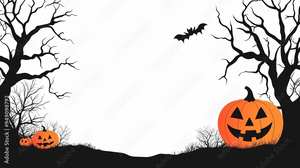 A spooky Halloween scene featuring pumpkins, bats, and barren trees, perfect for festive decorations and seasonal designs. A spooky Halloween scene featuring pumpkins, bats, and barren trees, perfect for festive decorations and seasonal designs.