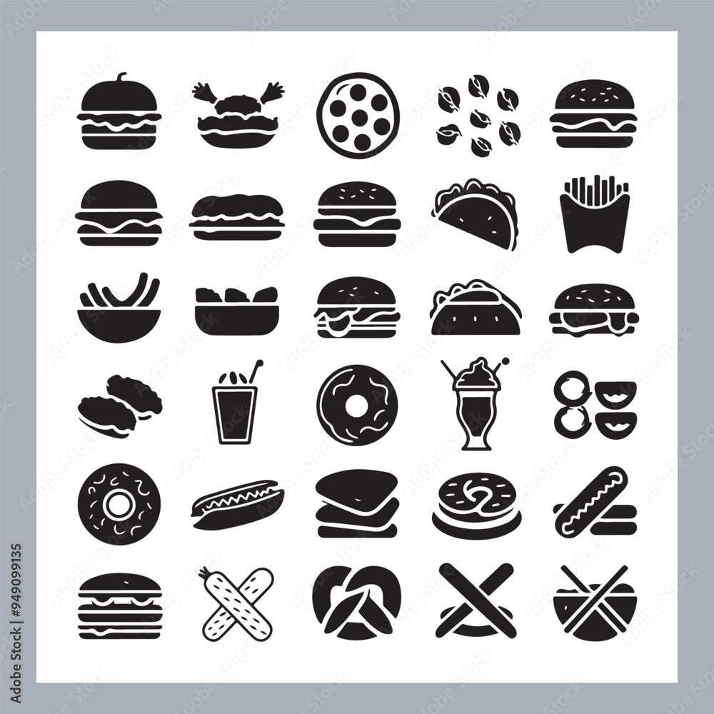 Set of fast food silhouette chicken grill, pizza, chicken sandwich, pasta, burger, French fries, sandwich, chicken wings vector in white background