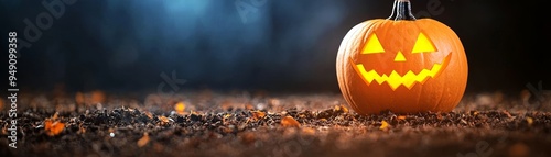 A spooky jack-o'-lantern sits on the ground, illuminated with a cheerful grin, embodying the spirit of Halloween. photo