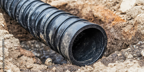 Pipe in the drainage pit. Closeup pumping out sewage from a septic tank. Background of septic tank service
