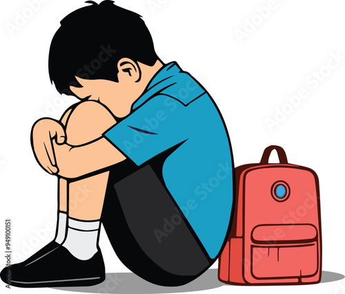Alone and Abandoned An Illustration Depicting Child Rights Issues and the Emotional Impact of Bullying Abuse and Loneliness on Elementary Age Boys in the USA palm on face and down between two knee png