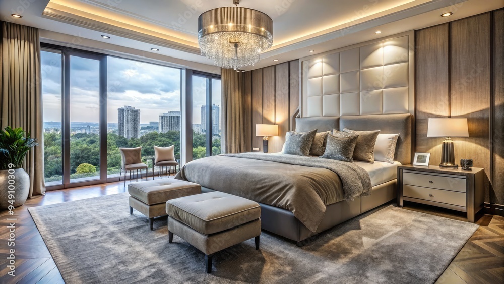 Serene and luxurious bedroom with plush carpet, elegant furnishings, and soft natural light pouring through floor-to-ceiling windows, creating a tranquil retreat atmosphere.