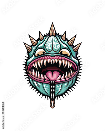 A cartoon monster with a big, toothy grin. It has soft, pastel spikes and a zipper on its mouth.