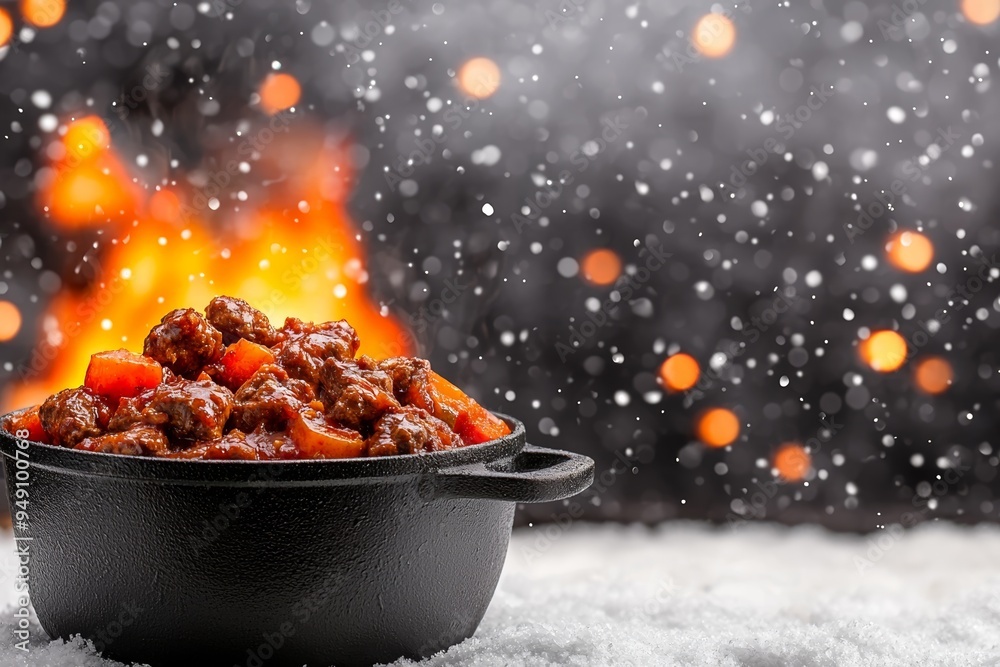 A steaming bowl of hearty stew surrounded by a snowy landscape and a warm fire, perfect for cold winter nights. A steaming bowl of hearty stew surrounded by a snowy landscape and a warm fire, perfect for cold winter nights.