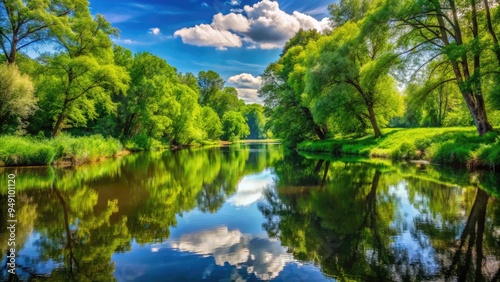 Serene landscape featuring a winding river surrounded by lush green trees, their reflections mirrored in the calm water on a warm sunny day.