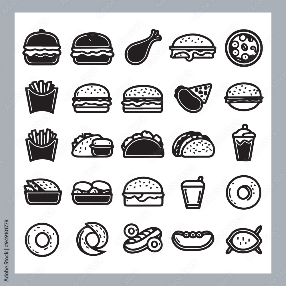 Set of fast food silhouette chicken grill, pizza, chicken sandwich, pasta, burger, French fries, sandwich, chicken wings vector in white background