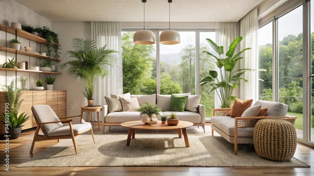 Sereneneutral-toned living room with natural textiles, minimalist decor, and lush greenery, creating a harmonious balance between calmness and modern comfort. Sereneneutral-toned living room with natural textiles, minimalist decor, and lush greenery, creating a harmonious balance between calmness and modern comfort.