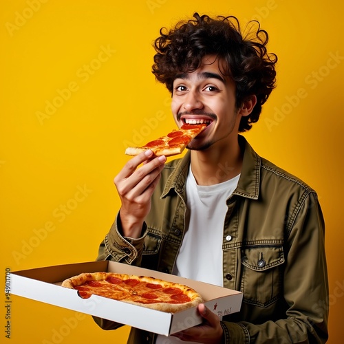 Young indian man eating delicious pizza on yellow isolated background. Happy handsome young teen boy holding slice of pizza