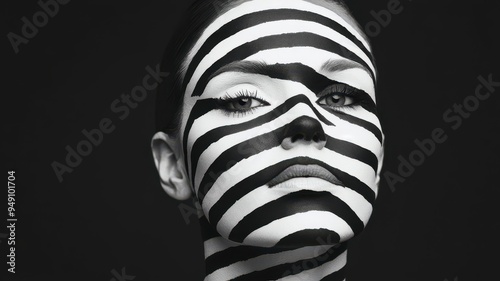 Stylized face in monochrome with sharp lines, representing stark contrasts and inner conflict