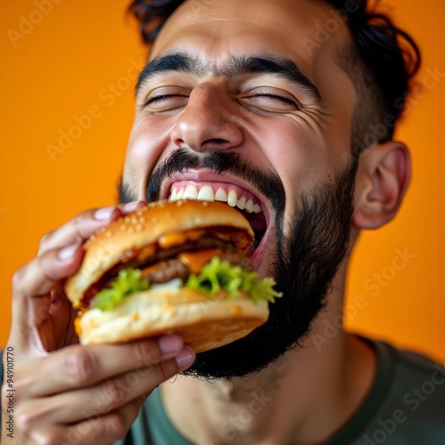 hangry Arab man eating burger in a restaurant and enjoying delicious food. Arab guy selling burgers