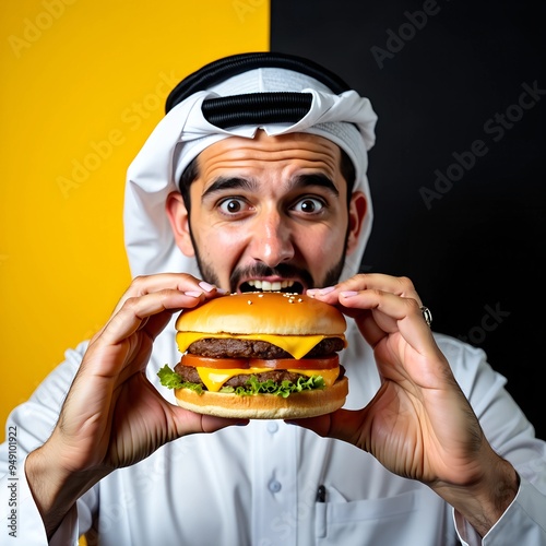 hangry Arab man eating burger in a restaurant and enjoying delicious food. Arab guy selling burgers