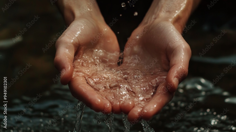 Close-up of cupped hands catching flowing water from a stream. Close-up of cupped hands catching flowing water from a stream.