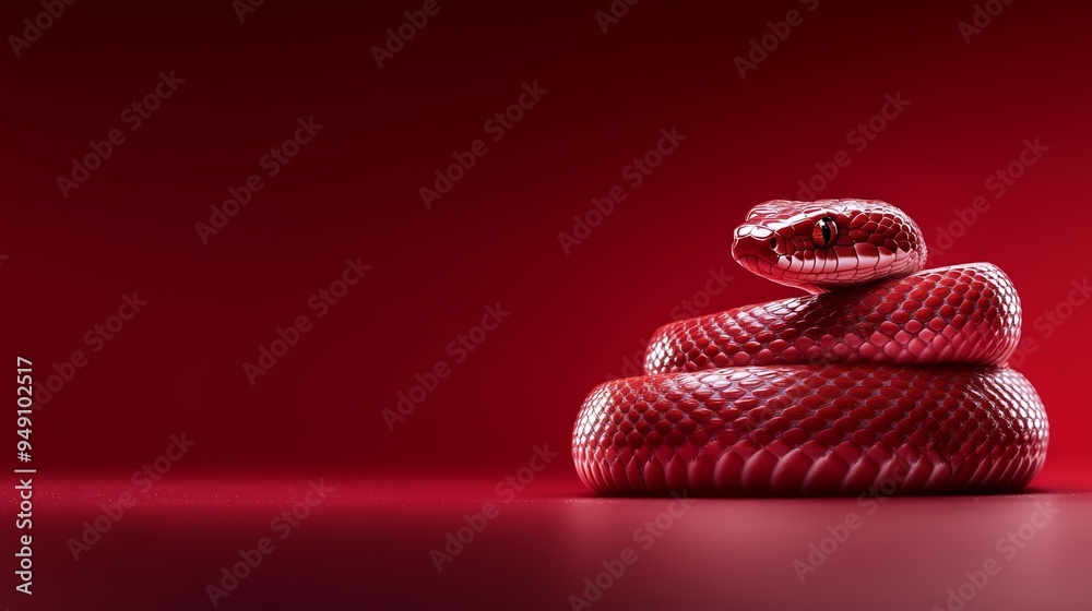 A striking red snake coiled against a vibrant red background, showcasing its captivating scales and unique texture. A striking red snake coiled against a vibrant red background, showcasing its captivating scales and unique texture.