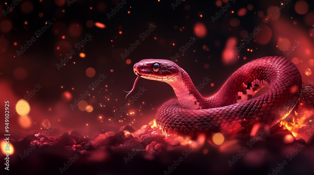 A striking red snake slithers through glowing embers, showcasing its vibrant scales amidst a dramatic, fiery background. A striking red snake slithers through glowing embers, showcasing its vibrant scales amidst a dramatic, fiery background.