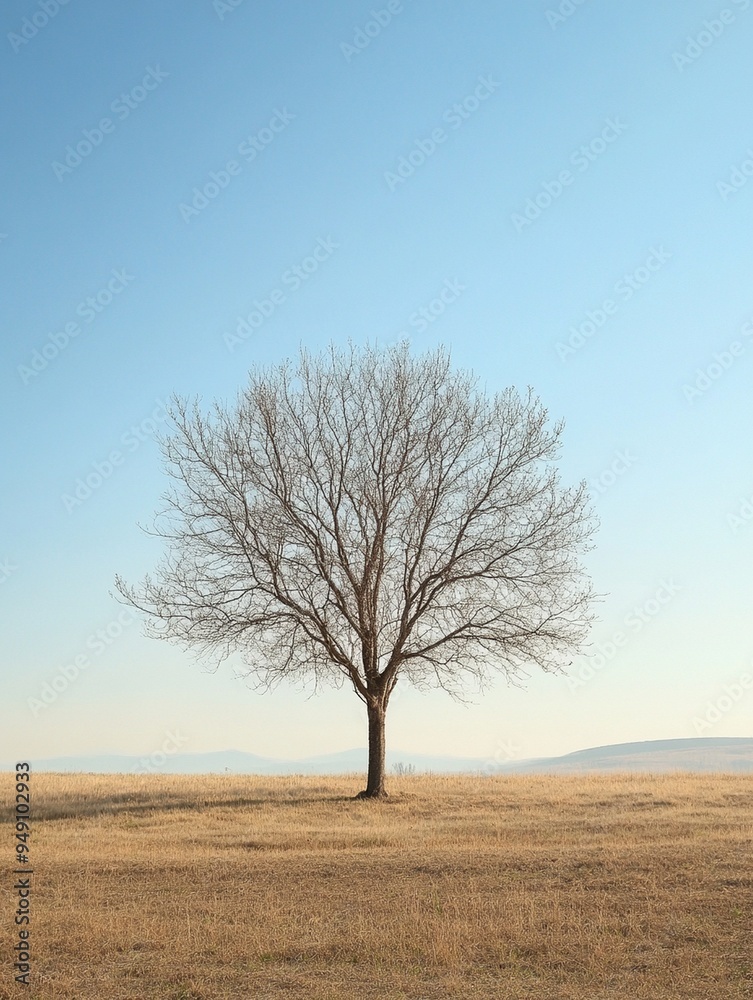 Lonely Tree in Open Field Against Clear Blue Sky - Nature Serenity Lonely Tree in Open Field Against Clear Blue Sky - Nature Serenity