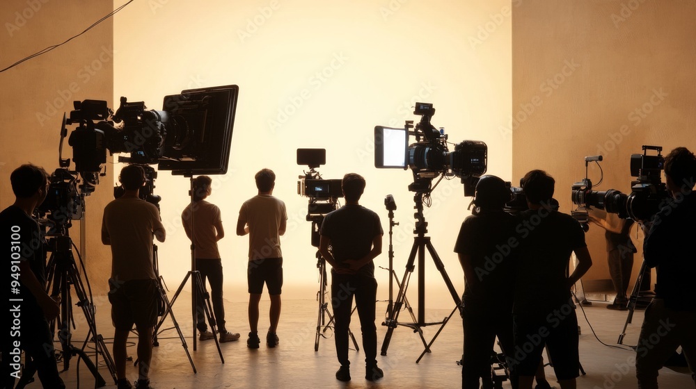 Fototapeta premium Film crew silhouettes working on a film set with cameras, lighting and a backdrop.