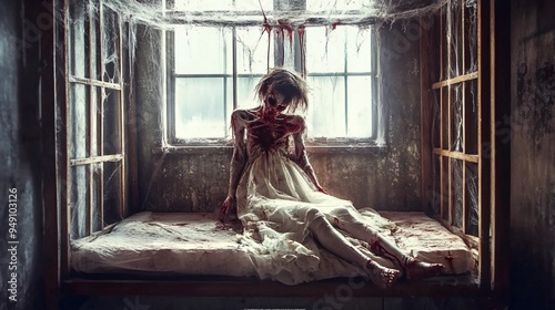 Haunted Asylum: A ghostly figure, drenched in blood, sits on a bed in an abandoned asylum.  The window is covered in cobwebs, casting eerie shadows on the walls.  Her eyes are hollow and empty, starin photo