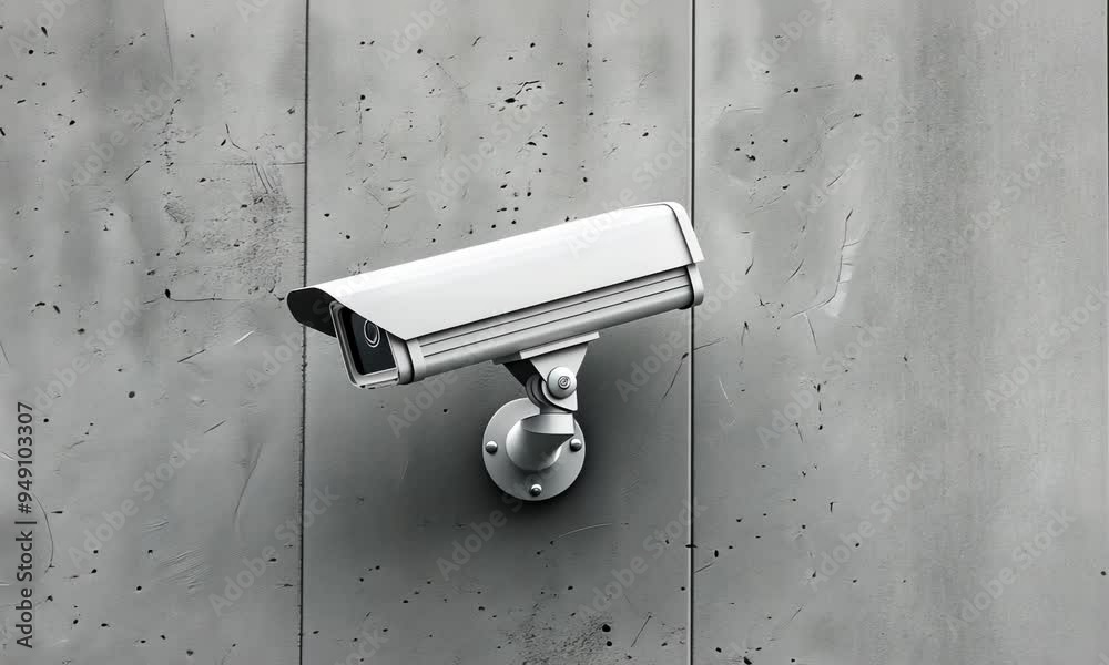 A modern security camera mounted on a rough concrete wall, ensuring surveillance A modern security camera mounted on a rough concrete wall, ensuring surveillance