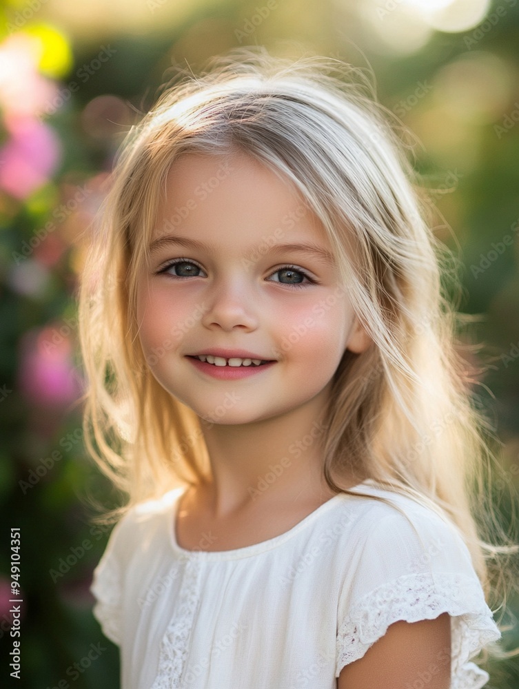 Joyful Child Portrait in Natural Light with Floral Background Joyful Child Portrait in Natural Light with Floral Background