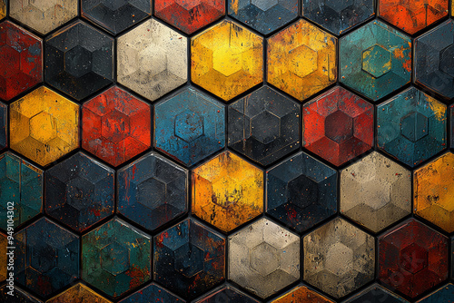 A geometric pattern created using repeating hexagons with varying colors and orientations, showcasing pattern design and symmetry. Concept of geometric patterns and hexagonal symmetry.