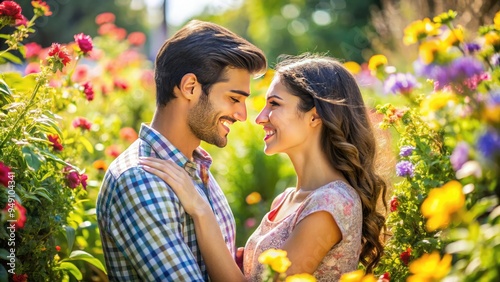 Smiling young Hispanic couple embracing and gazing into each other's eyes, surrounded by lush greenery and vibrant flowers on a sunny afternoon stroll. photo