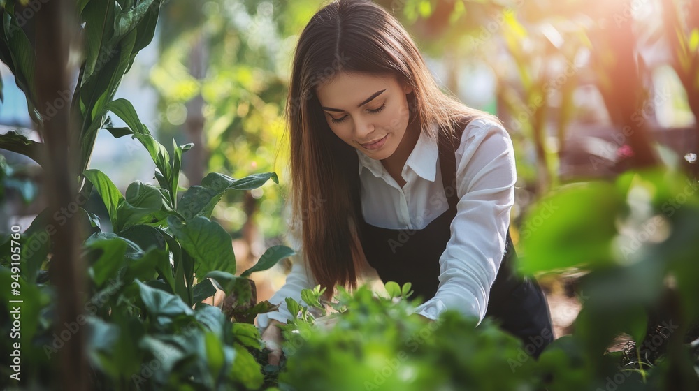Young woman gardener tending to plants in a greenhouse. Young woman gardener tending to plants in a greenhouse.