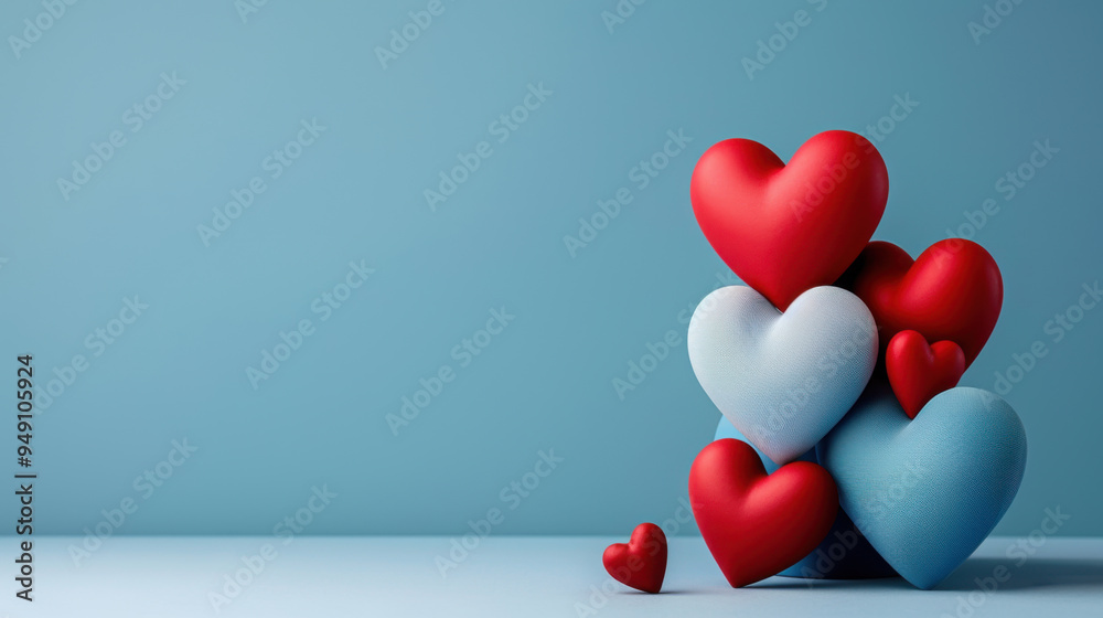 A playful arrangement of red and blue hearts stacked against a soft blue background, symbolizing love and affection. A playful arrangement of red and blue hearts stacked against a soft blue background, symbolizing love and affection.