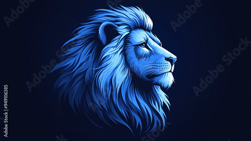 A sleek and elegant landscape design company logo featuring a front-facing lion in black and white with a touch of blue. It exudes a sense of modern luxury and sophistication,... photo