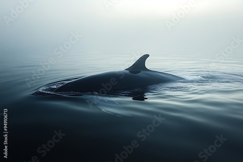 A fin whale glides through misty waters, its sleek form illuminated by soft light. photo