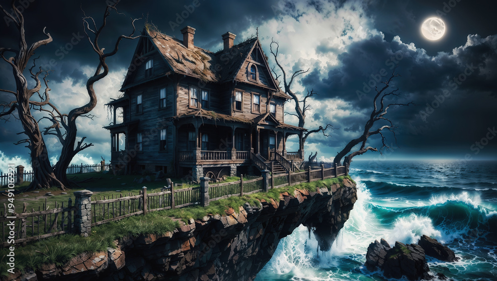 Fototapeta premium Haunted House on Cliffside Under Moonlit Sky