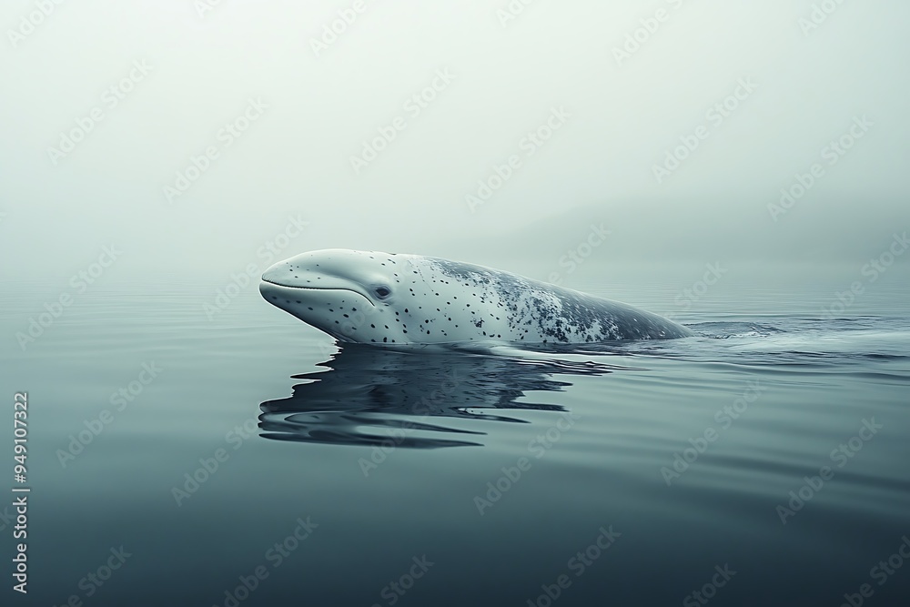 Fototapeta premium A lone beluga whale surfaces in the icy waters of the Arctic.