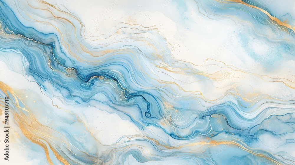 Obraz premium Abstract artwork featuring flowing waves of blue and gold on a soft white background, perfect for modern decor and design projects.