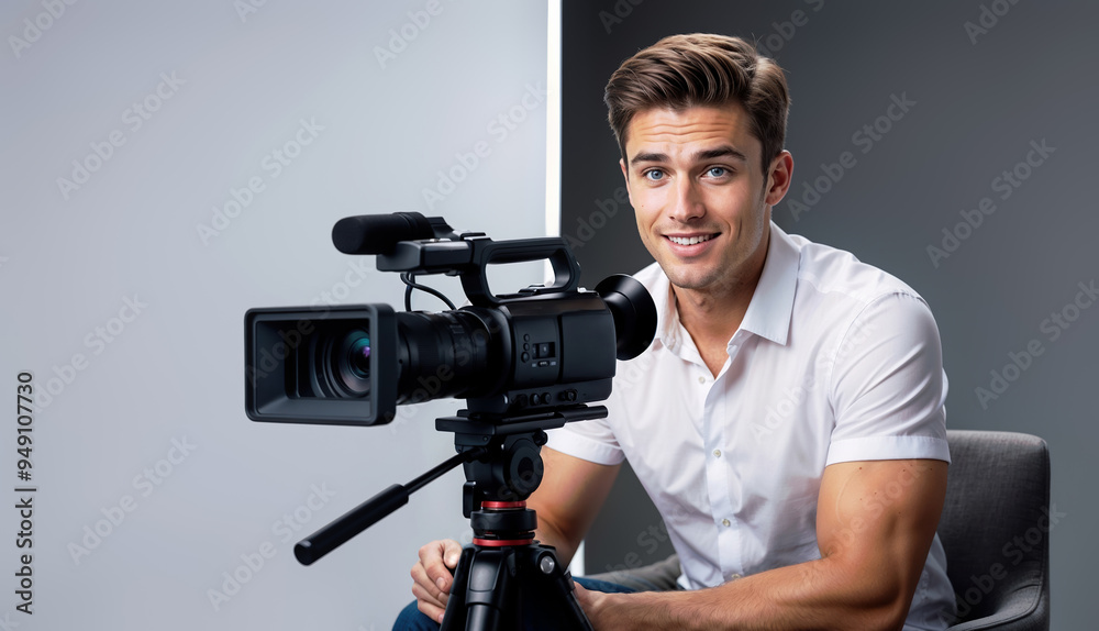 Smiling Man Operating Professional Video Camera in Studio